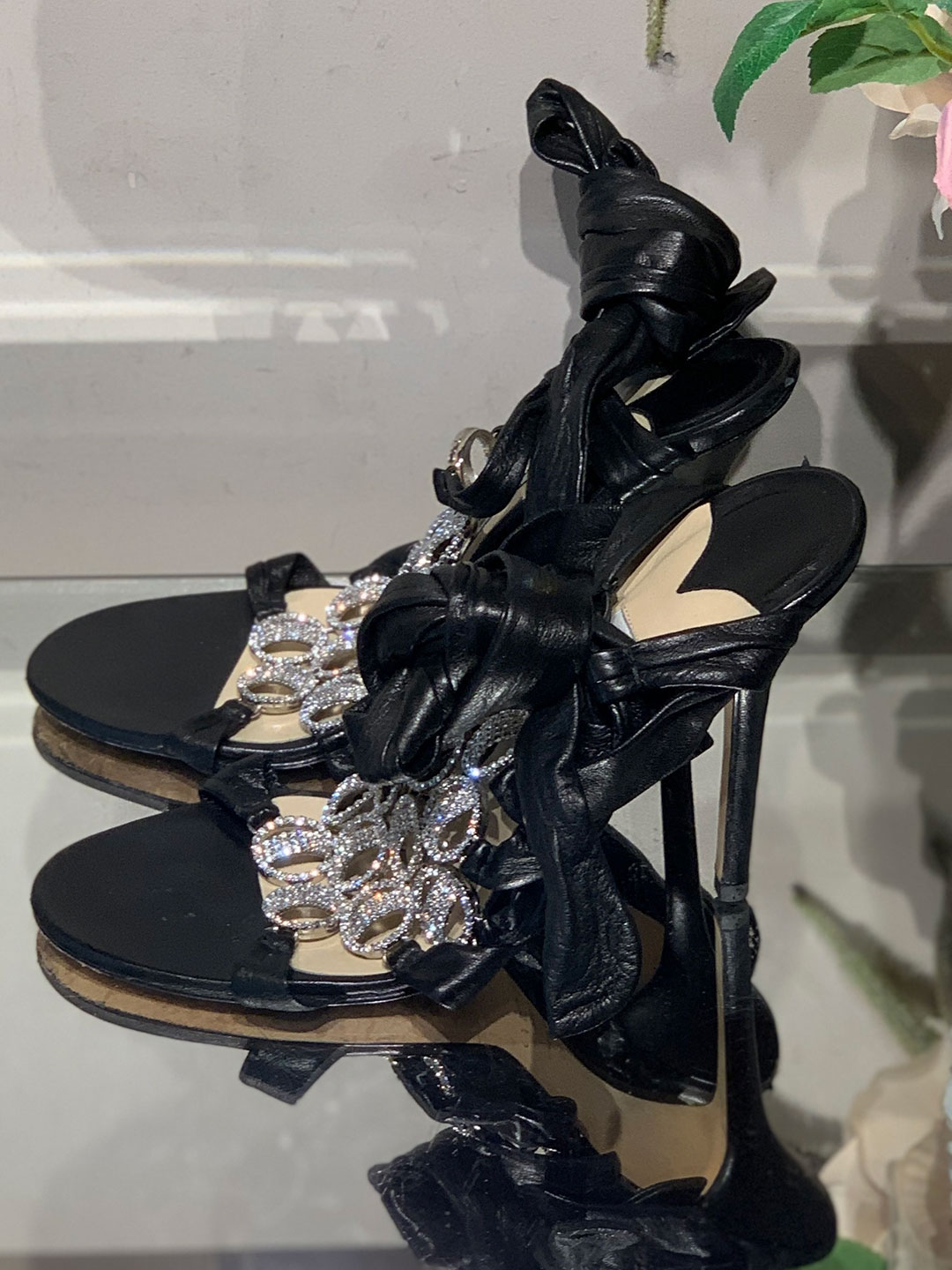 Jimmy Choo Black Silver Diamanté Wrap Around Heels Size 39 (UK 6 ...