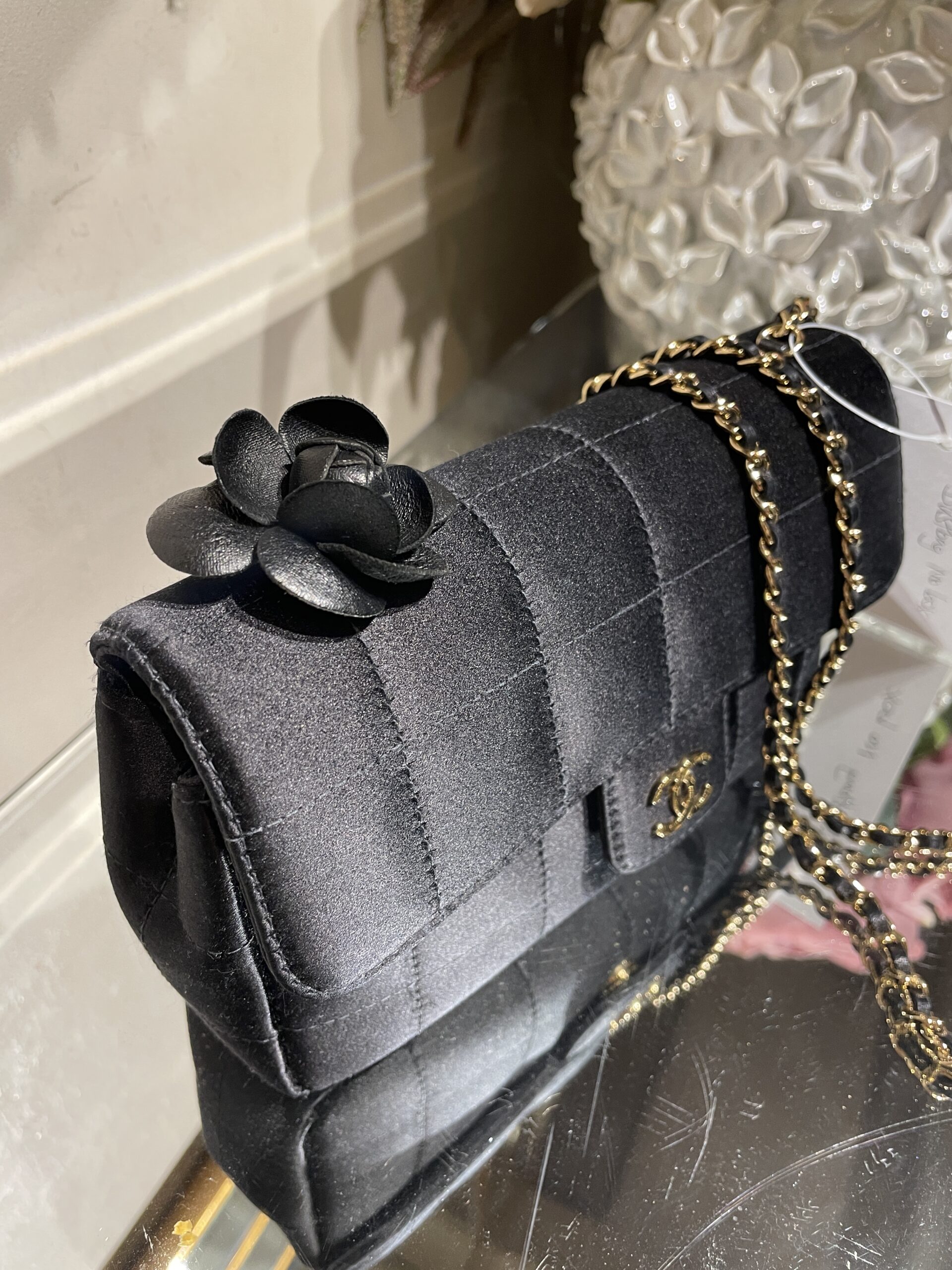 Chanel Black Satin Camellia Chocolate Bar Crossbody Bag - Dress