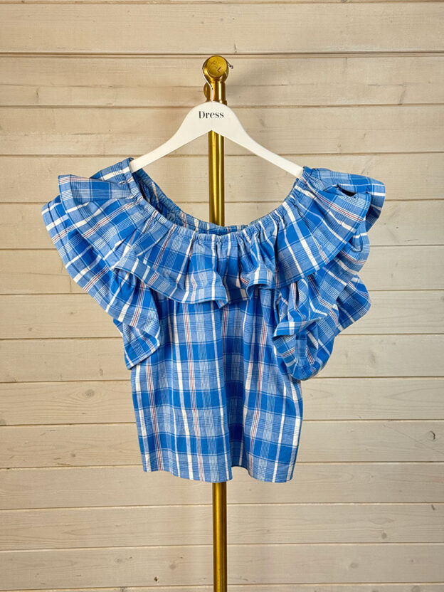 Pre-Owned Misa Blue & White Checked Top and Short Set Size S - Image 2