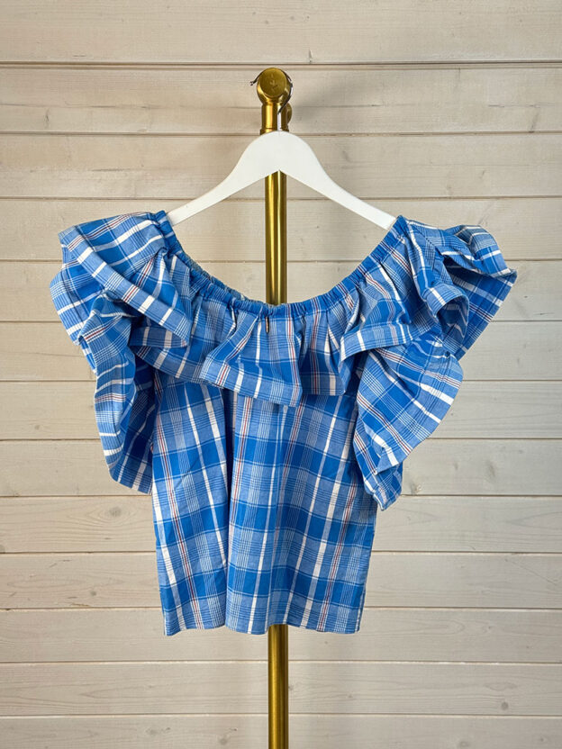 Pre-Owned Misa Blue & White Checked Top and Short Set Size S - Image 3