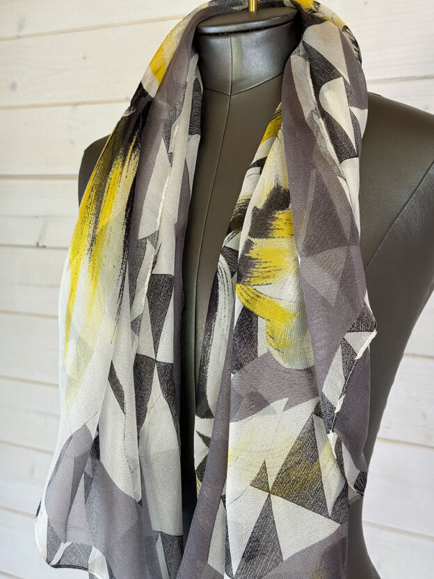 Pre-Owned Grey & Yellow 100% Silk Scarf