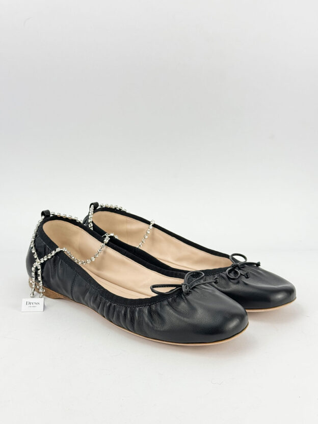 Pre-Owned Miu Miu Crystal-anklet Leather Ballet Flats Size 40 (UK 7)