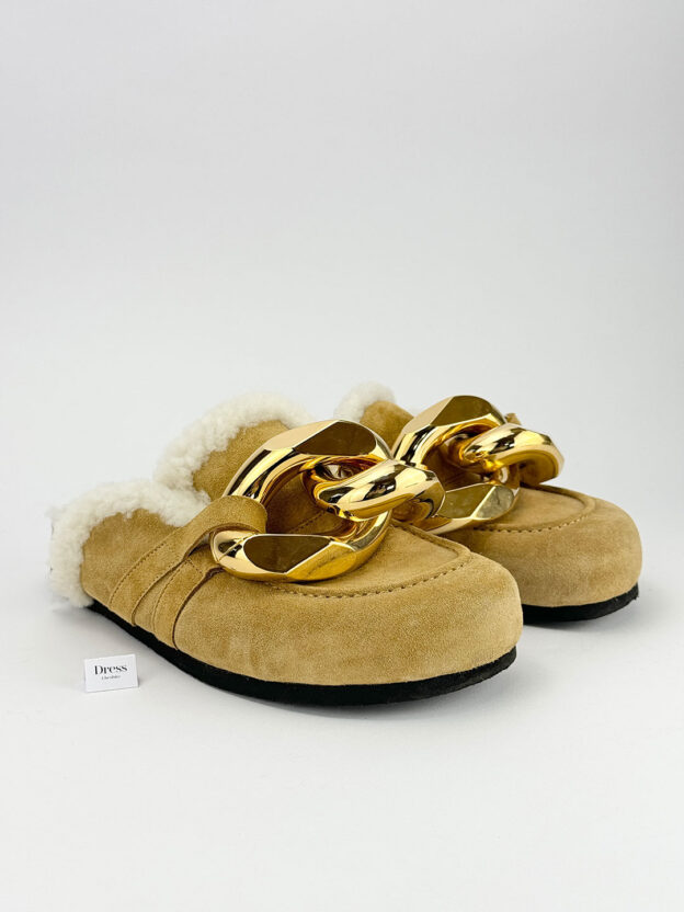 Pre-Owned JW Anderson Chain Embellished Shearling Lined Suede Slippers Size 38 (UK 5)