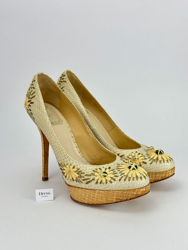 Christian Dior Snakeskin Leather Straw Floral Platform Heels Size 40 (UK 7)