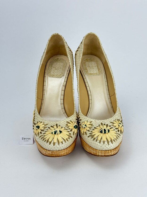 Christian Dior Snakeskin Leather Straw Floral Platform Heels Size 40 (UK 7) - Image 2