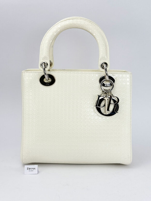 Pre-Owned Christian Dior Lady Dior Medium Off White Patent Bag