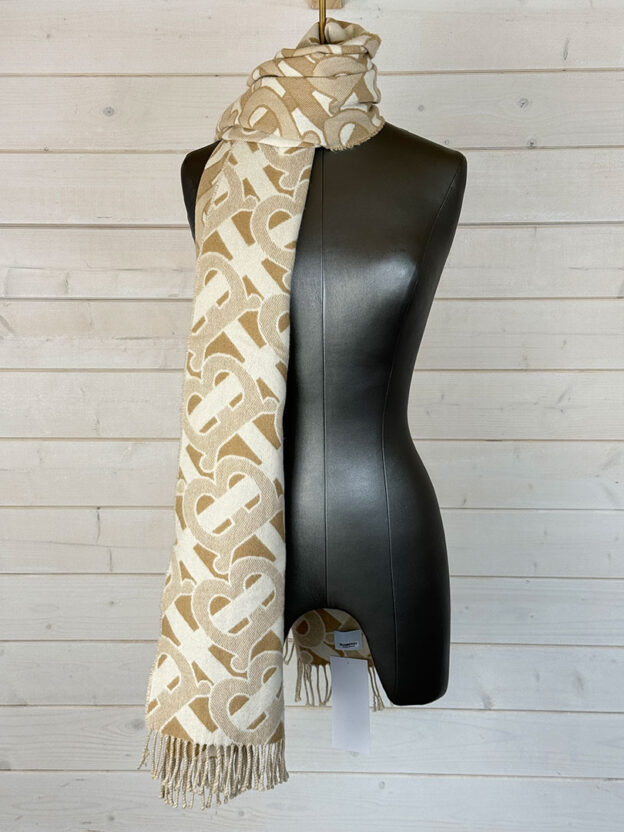 Pre-Owned Burberry Beige TB Monogram 100% Cashmere Scarf