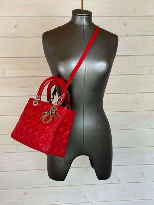 Pre-Owned Christian Dior Lady Dior Red Leather Medium Handbag - Image 5