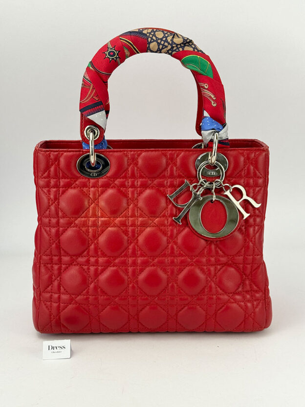 Pre-Owned Christian Dior Lady Dior Red Leather Medium Handbag - Image 3