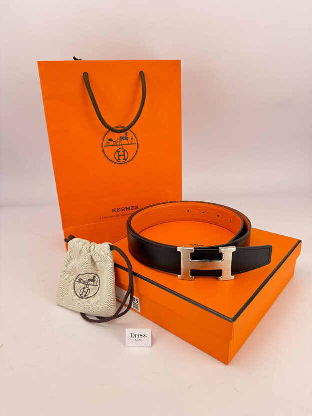 Pre-Owned Hermes Constance Reversible Orange & Black Belt Size 90cms Boxed.