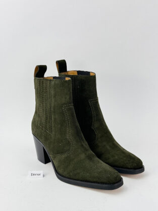 Ganni Khaki Suede Western Style Boots Size 37 (UK 4) Boxed