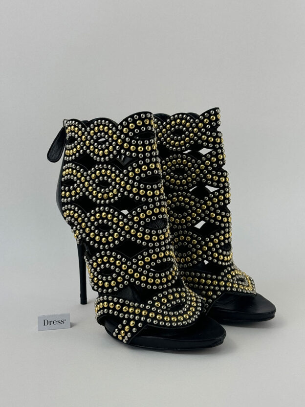 Pre-Owned Alexander McQueen Black Leather Studded Peep Toe Heels Size 37 (UK 4)