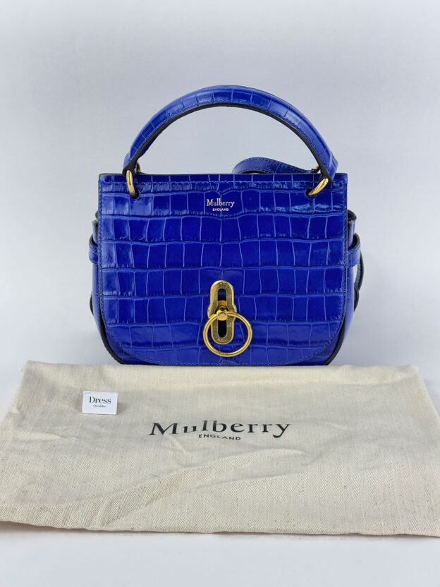 Pre-Owned Mulberry Cobalt Blue Shiny Croc Amberley Satchel - Image 8