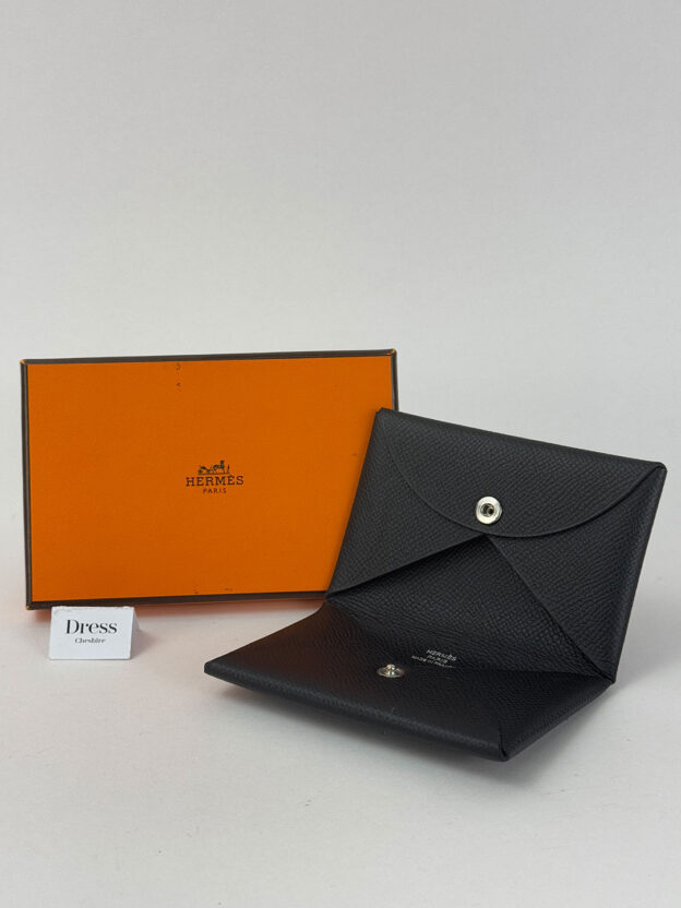 Pre-Owned Hermes Black Calvi Card Holder Boxed