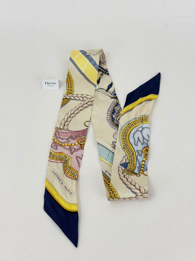 Hermes Yellow & Blue Rope Print Twilly Boxed