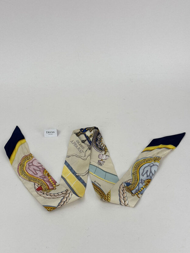 Hermes Yellow & Blue Rope Print Twilly Boxed - Image 2