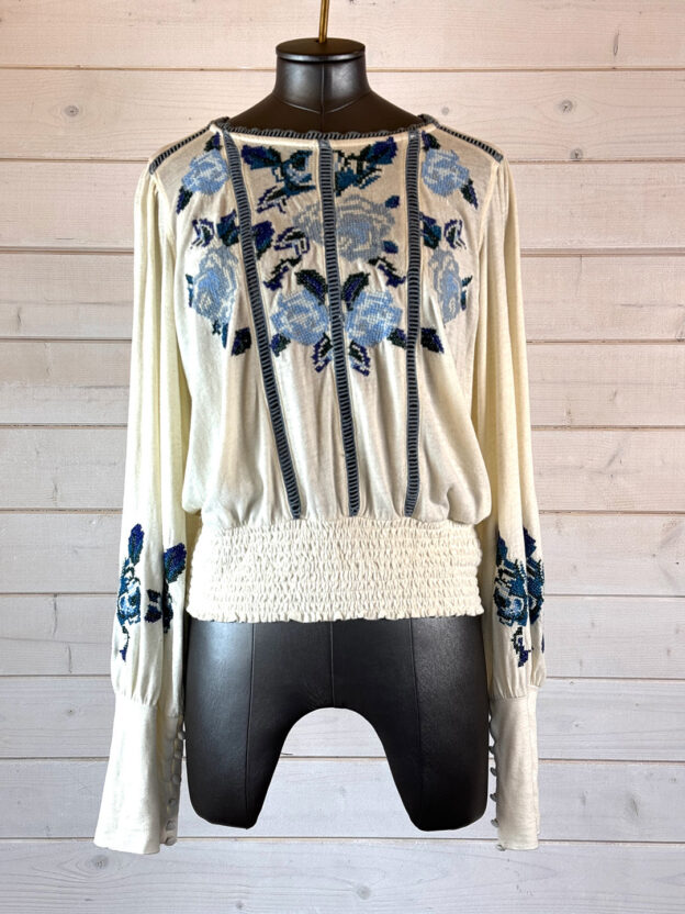 Free People Ecru Top Blue Embroided Size S
