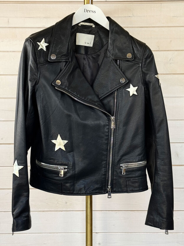 Pre-Owned Qui Black Leather Star Jacket Size UK 14