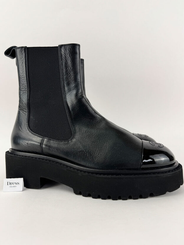 Chanel Black Patent Calfskin Cap Toe CC Boots Size 38 (UK 5)