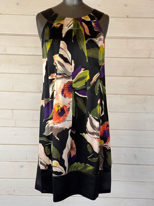 Pre-Owned Ted Baker Black & Blush Floral 100% Silk Dress Size 3