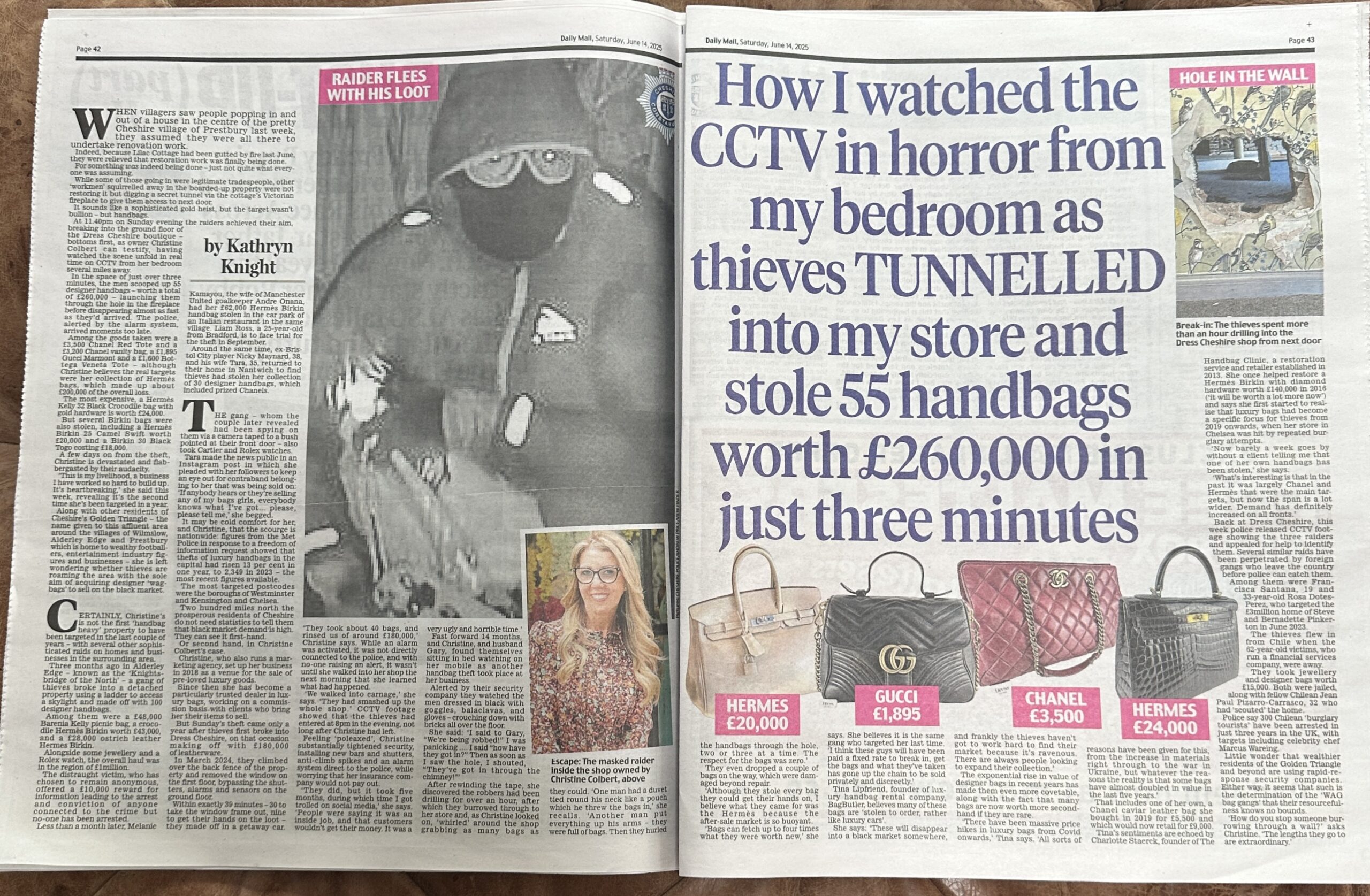 How I watched the CCTV in horror as thieves tunnelled inot more store and stole handbags worth £250,000. Daily Mail Handbag Heist.