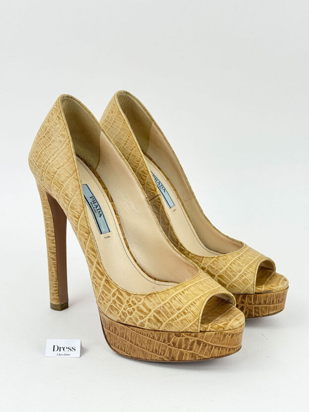 Prada Brown Crocodile Embossed Leather Peep Toe Heels Size 36 (UK 3)