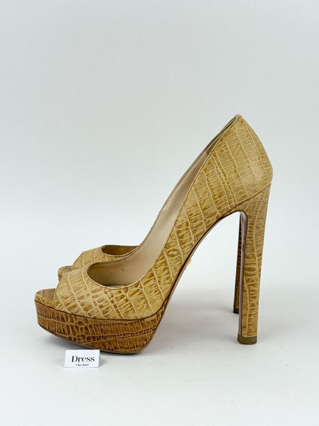 Prada Brown Crocodile Embossed Leather Peep Toe Heels Size 36 (UK 3) - Image 3