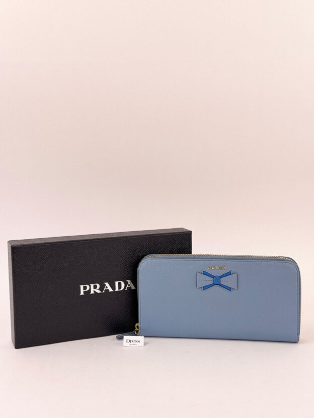 Pre-Owned Prada Blue Bow Long Saffino Leather Purse - Image 3