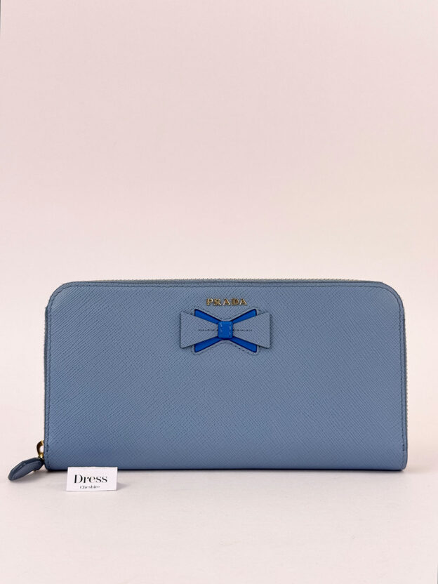 Pre-Owned Prada Blue Bow Long Saffino Leather Purse