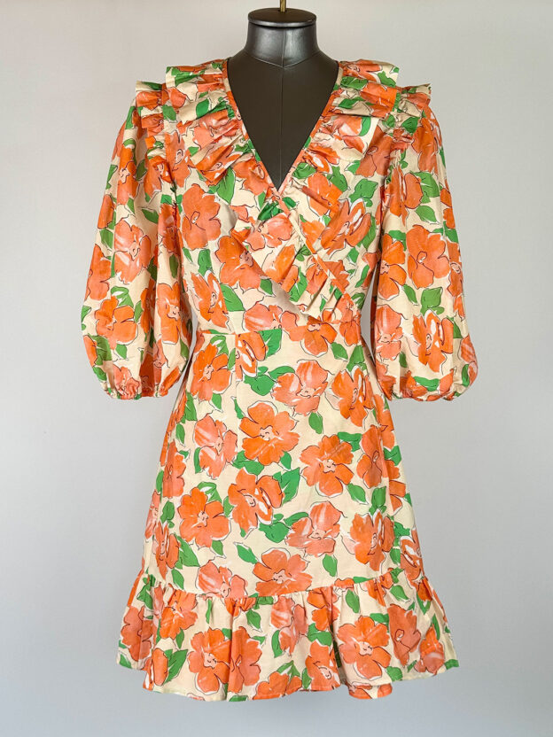 Rixo Peach Floral Frill Dress Size XS