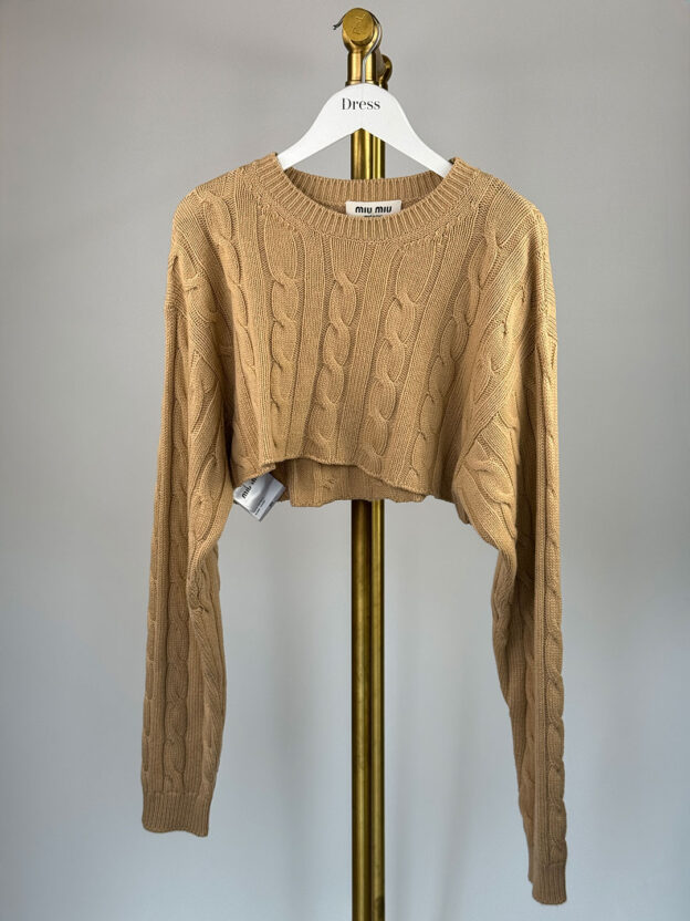 Miu Miu Camel Cropped Cable Knit Jumper Size 36 (UK 6)