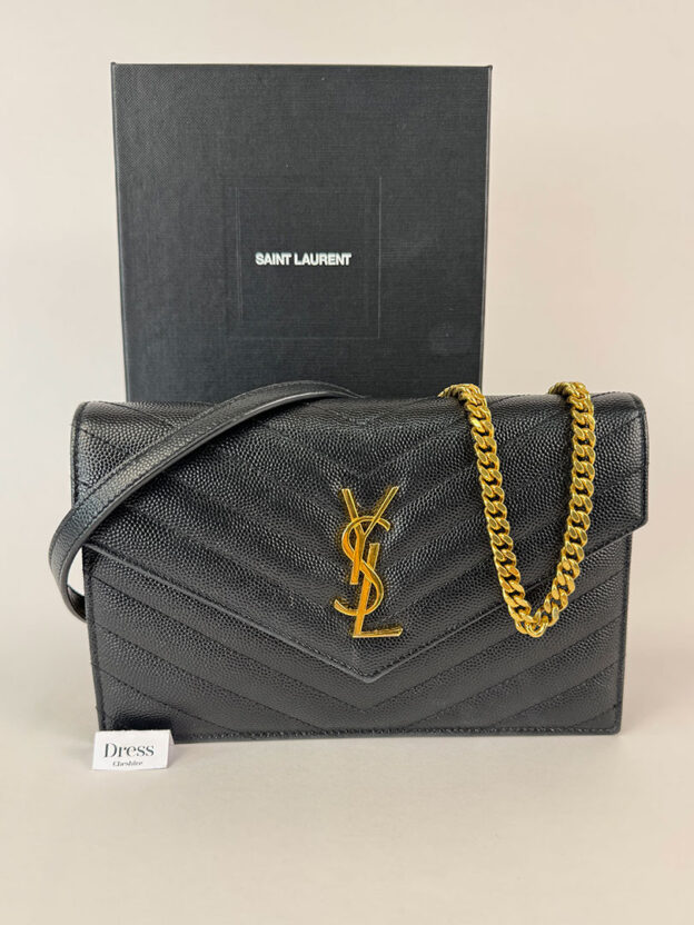 Pre-Owned YSL Black Mono Envelope Wallet On A Chain